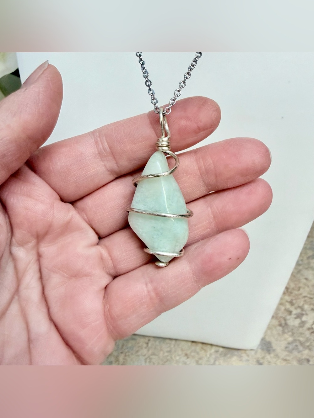 Hand crafted wire wrapped chrysoprase pendant necklace